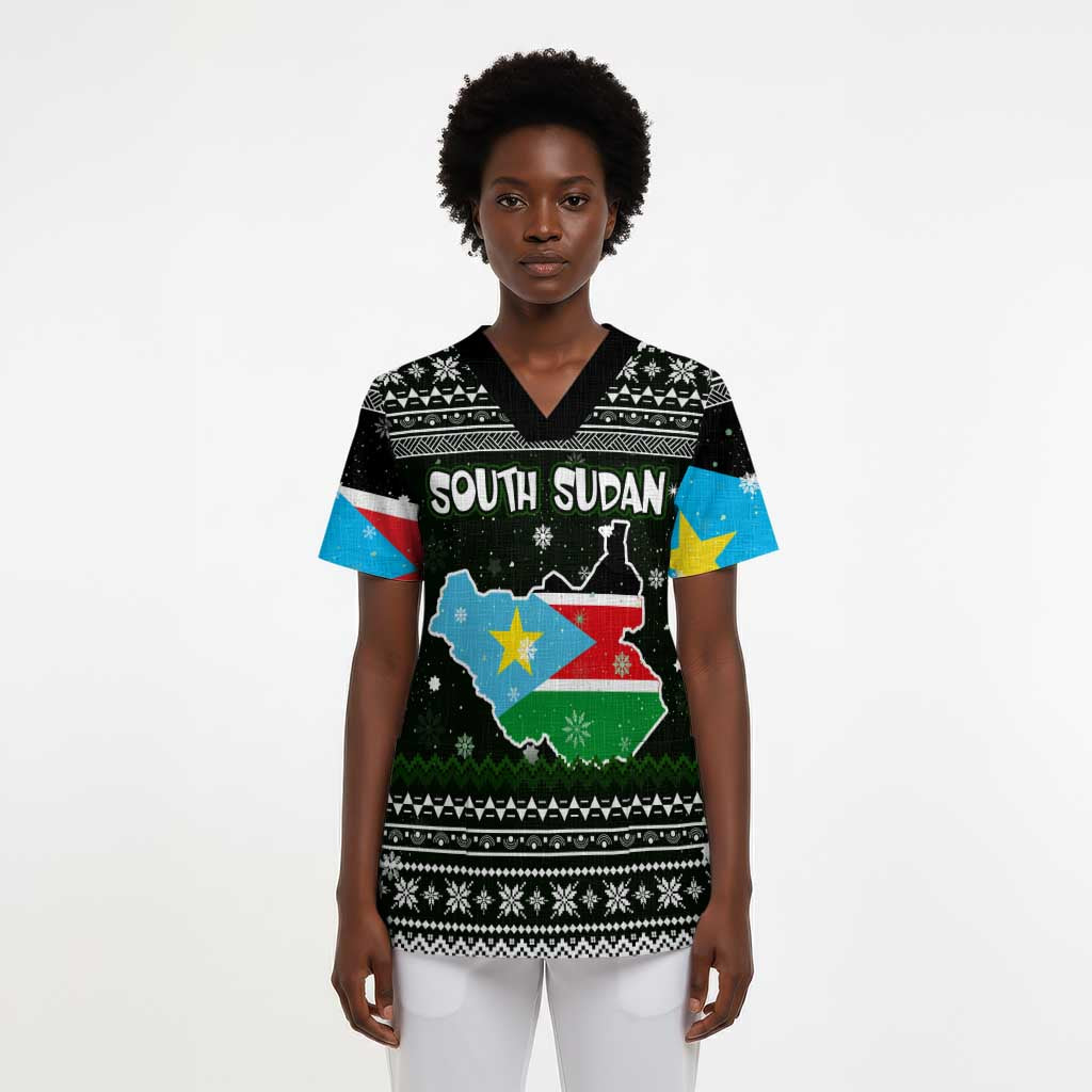 South Sudan Christmas Scrub Top National Map Flag Colors and Sleeping Rhino Motif - African Pride