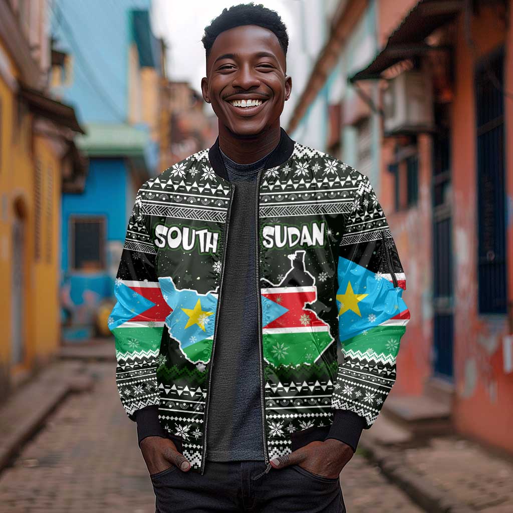 South Sudan Christmas Sleeve Zip Bomber Jacket National Map Flag Colors and Sleeping Rhino Motif - African Pride