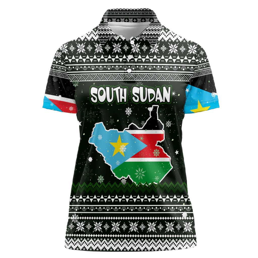 South Sudan Christmas Women Polo Shirt National Map Flag Colors and Sleeping Rhino Motif - African Pride