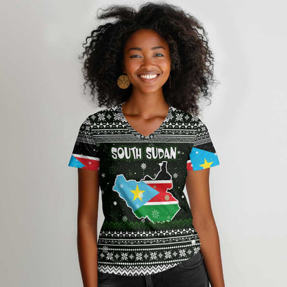South Sudan Christmas Women V-Neck T-Shirt National Map Flag Colors and Sleeping Rhino Motif - African Pride