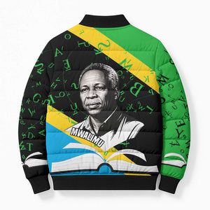 Julius Nyerere Bomber Puffer Jacket Education is a Way of Fighting Poverty Quote and Tanzanian Flag Alphabet - African Pride