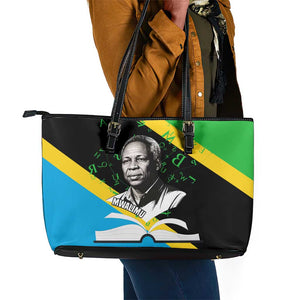 Julius Nyerere Leather Tote Bag Education is a Way of Fighting Poverty Quote and Tanzanian Flag Alphabet - African Pride