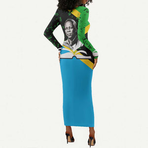 Julius Nyerere Long Sleeve Bodycon Dress Education is a Way of Fighting Poverty Quote and Tanzanian Flag Alphabet - African Pride