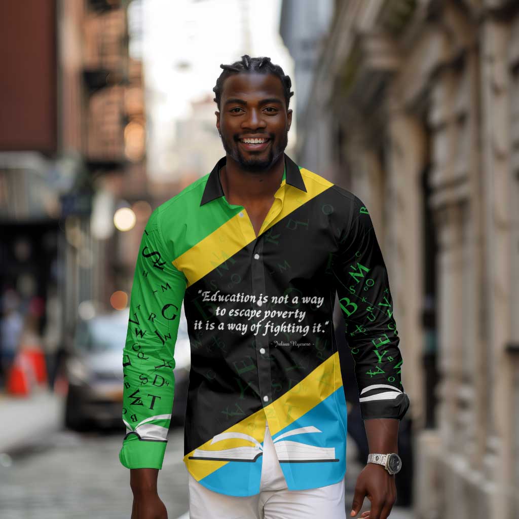 Julius Nyerere Long Sleeve Button Shirt Education is a Way of Fighting Poverty Quote and Tanzanian Flag Alphabet - African Pride