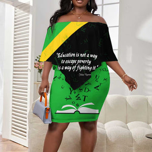 Julius Nyerere Off Shoulder Short Dress Education is a Way of Fighting Poverty Quote and Tanzanian Flag Alphabet - African Pride