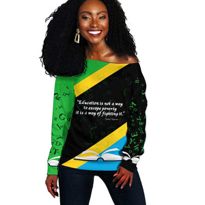 Julius Nyerere Off Shoulder Sweater Education is a Way of Fighting Poverty Quote and Tanzanian Flag Alphabet - African Pride