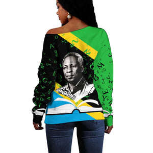 Julius Nyerere Off Shoulder Sweater Education is a Way of Fighting Poverty Quote and Tanzanian Flag Alphabet - African Pride