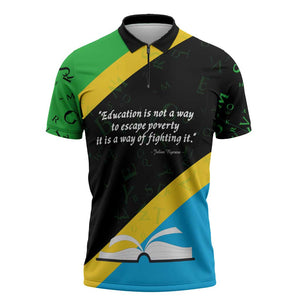 Julius Nyerere Zipper Polo Shirt Education is a Way of Fighting Poverty Quote and Tanzanian Flag Alphabet - African Pride