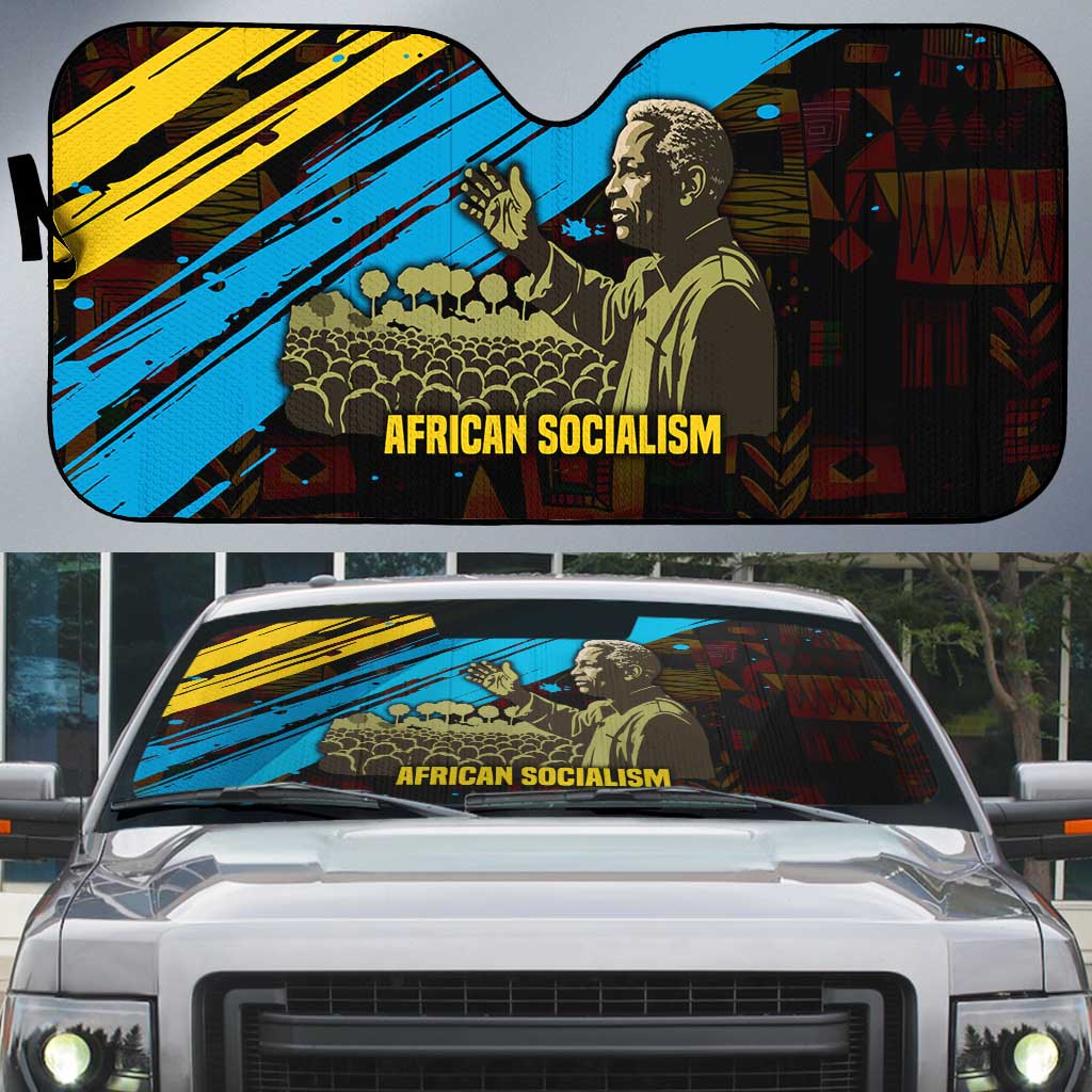 Julius Nyerere Auto Sun Shade Ujamaa African Socialism Text and Bold Striped Pattern - African Pride
