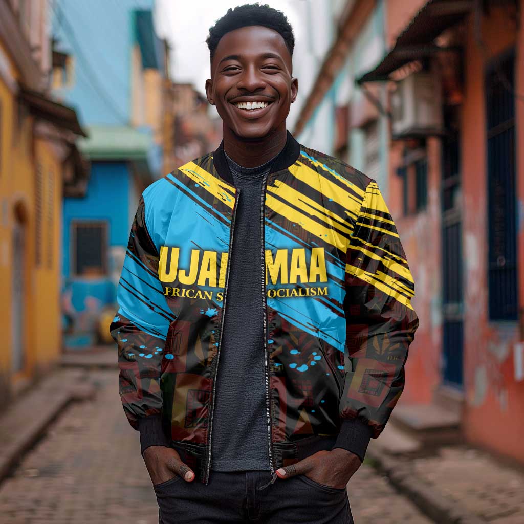 Julius Nyerere Bomber Jacket Ujamaa African Socialism Text and Bold Striped Pattern - African Pride