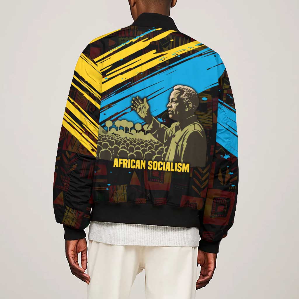 Julius Nyerere Bomber Jacket Ujamaa African Socialism Text and Bold Striped Pattern - African Pride