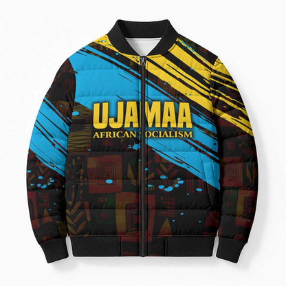 Julius Nyerere Bomber Puffer Jacket Ujamaa African Socialism Text and Bold Striped Pattern - African Pride