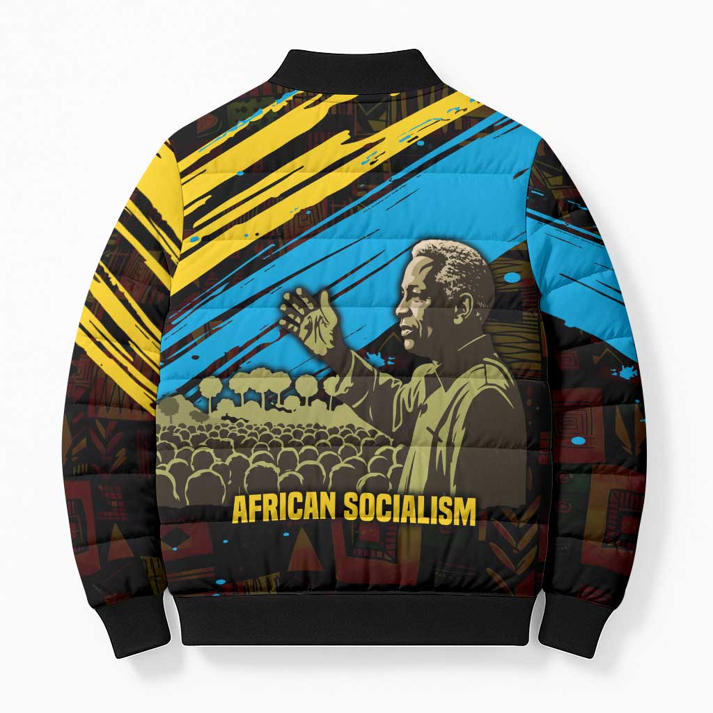 Julius Nyerere Bomber Puffer Jacket Ujamaa African Socialism Text and Bold Striped Pattern - African Pride