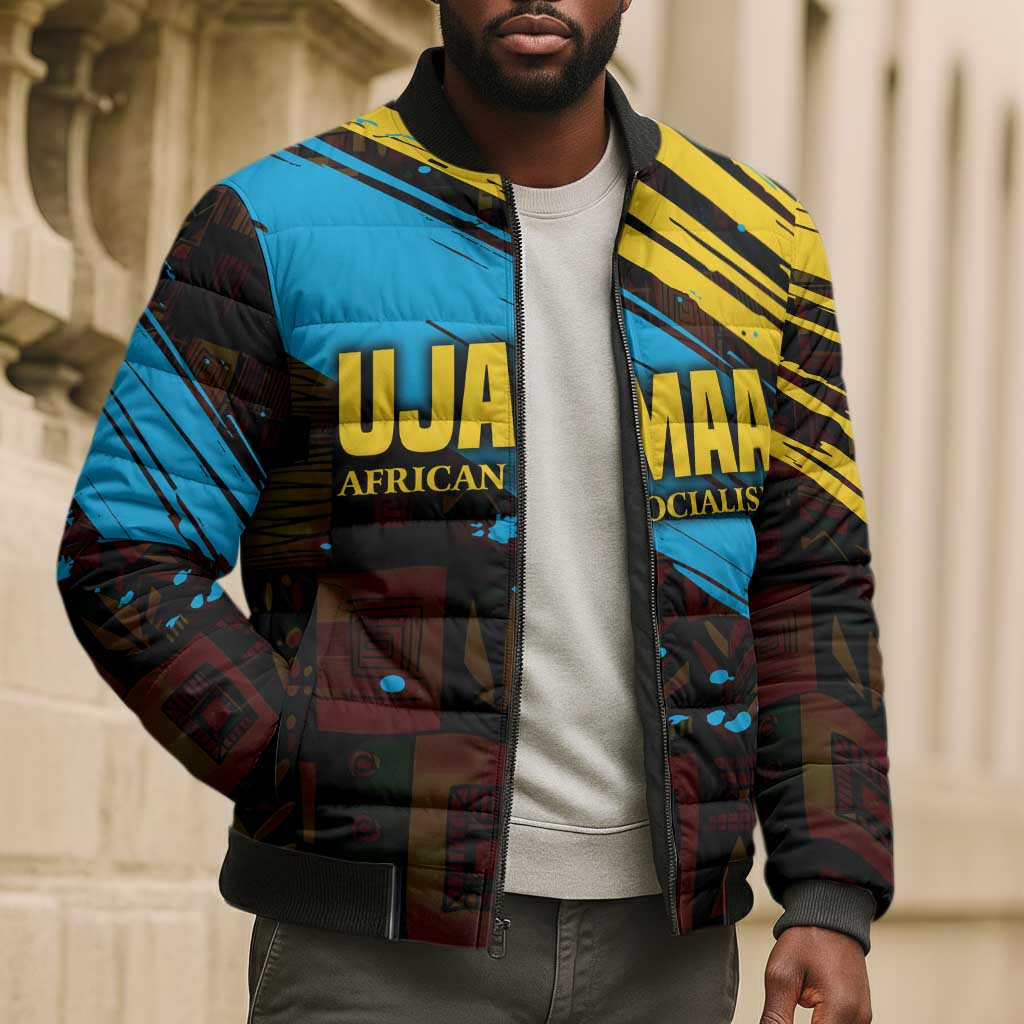 Julius Nyerere Bomber Puffer Jacket Ujamaa African Socialism Text and Bold Striped Pattern - African Pride