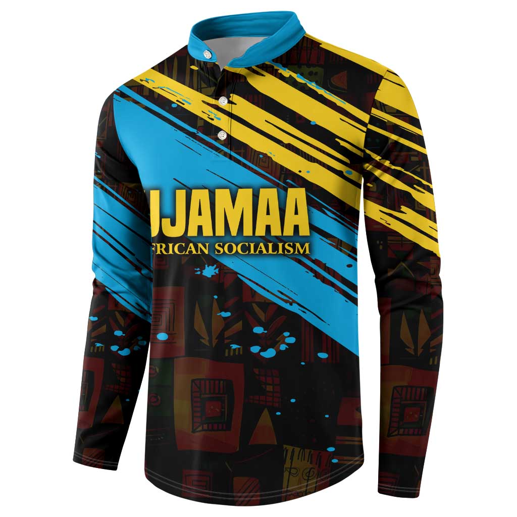 Julius Nyerere Button Sweatshirt Ujamaa African Socialism Text and Bold Striped Pattern