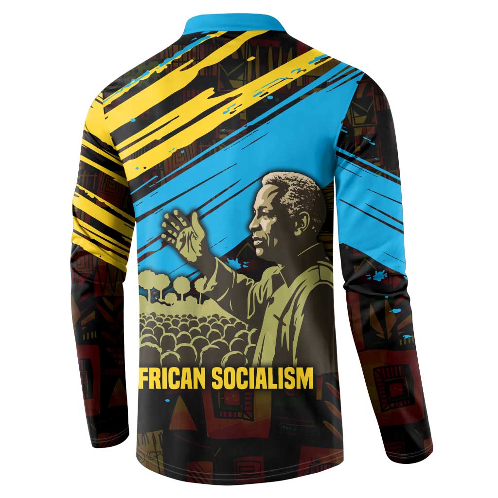 Julius Nyerere Button Sweatshirt Ujamaa African Socialism Text and Bold Striped Pattern