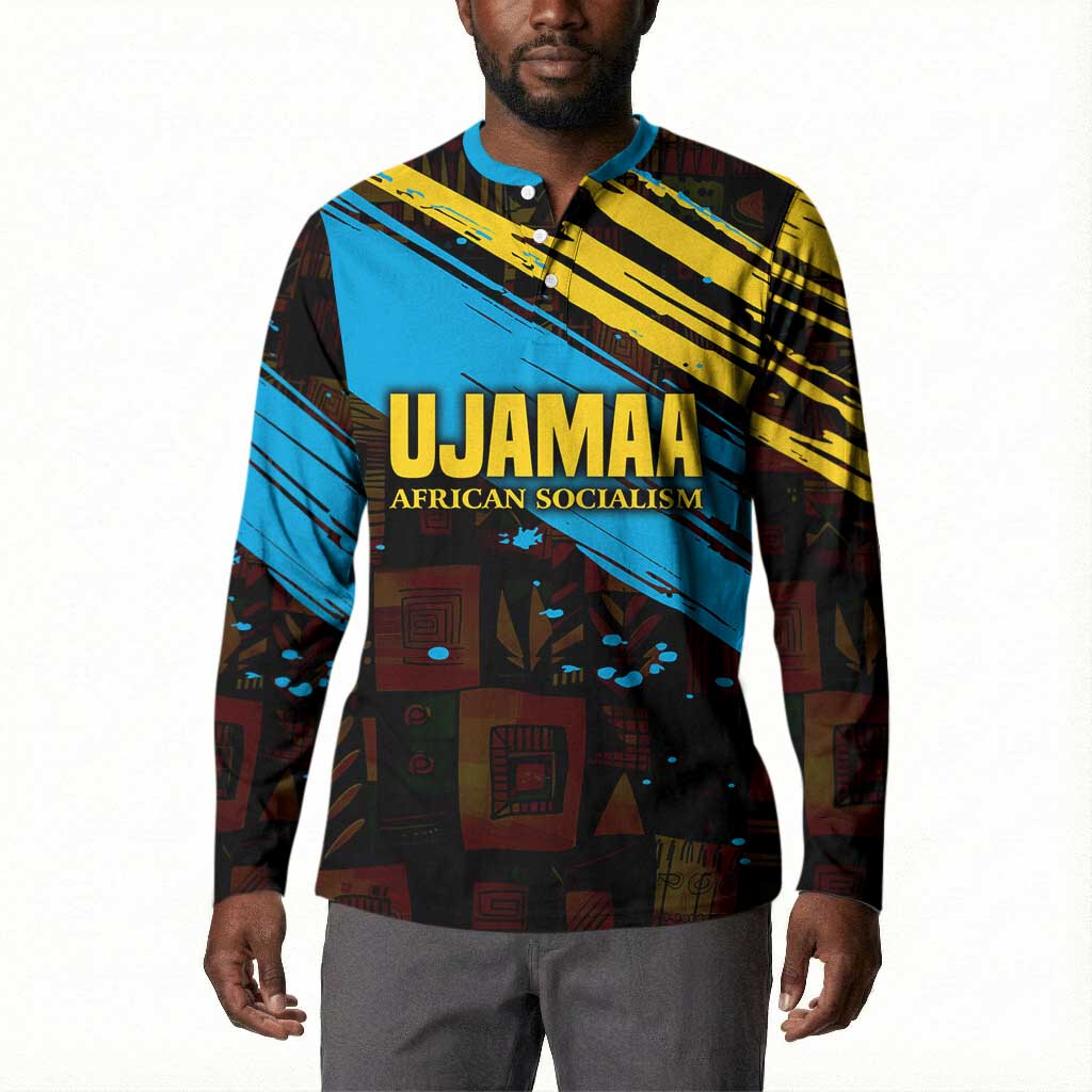 Julius Nyerere Button Sweatshirt Ujamaa African Socialism Text and Bold Striped Pattern