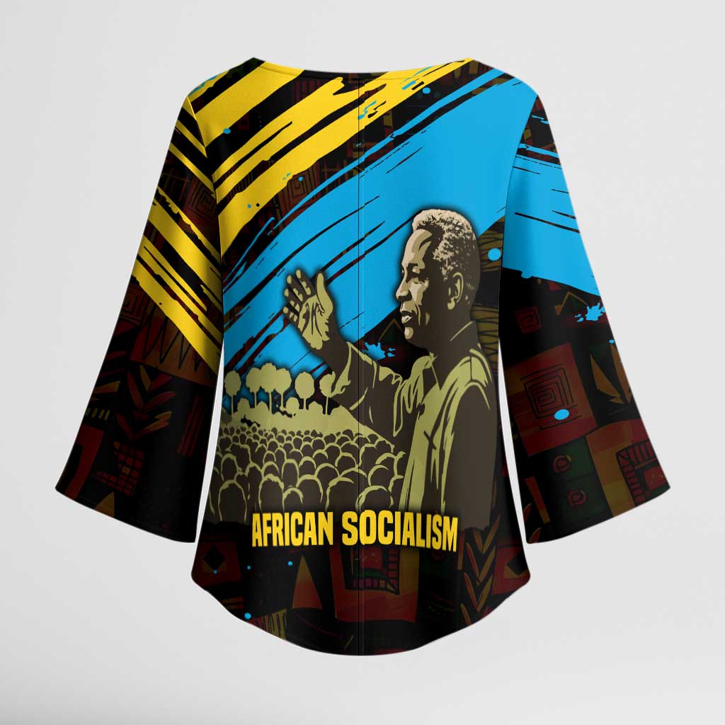 Julius Nyerere Kimono Sleeve Blouse Ujamaa African Socialism Text and Bold Striped Pattern - African Pride