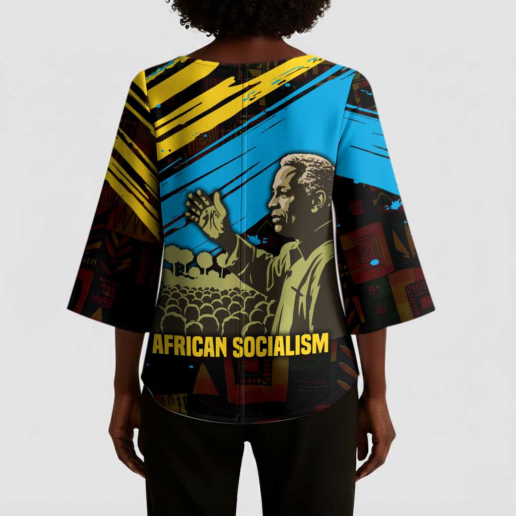 Julius Nyerere Kimono Sleeve Blouse Ujamaa African Socialism Text and Bold Striped Pattern - African Pride