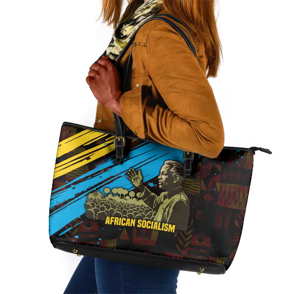 Julius Nyerere Leather Tote Bag Ujamaa African Socialism Text and Bold Striped Pattern - African Pride