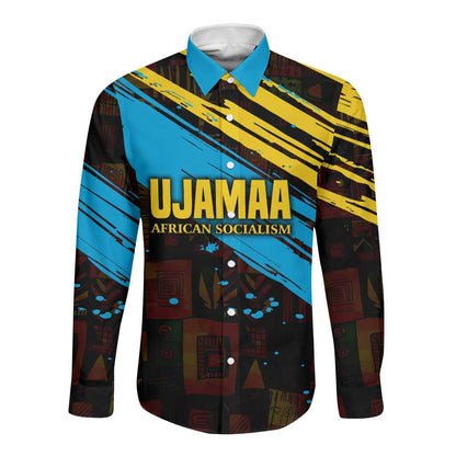 Julius Nyerere Long Sleeve Button Shirt Ujamaa African Socialism Text and Bold Striped Pattern - African Pride