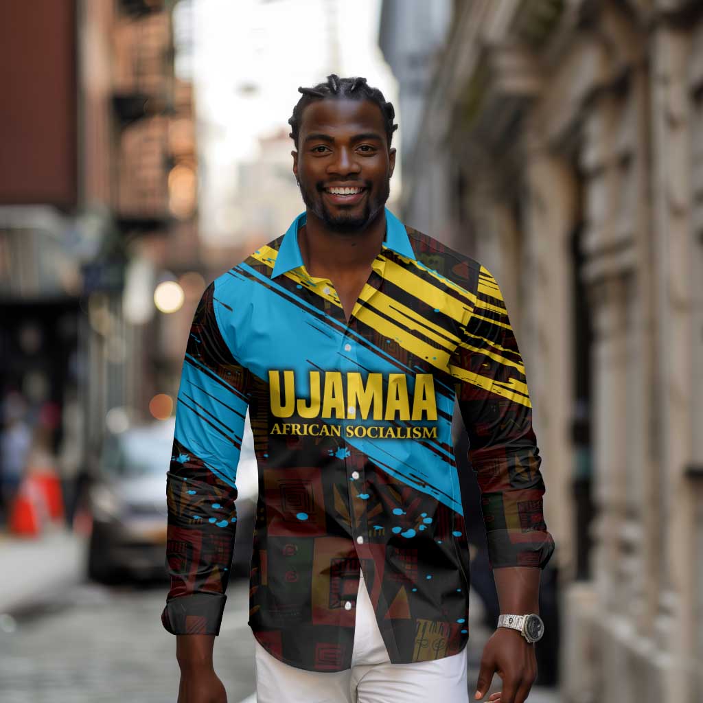 Julius Nyerere Long Sleeve Button Shirt Ujamaa African Socialism Text and Bold Striped Pattern - African Pride