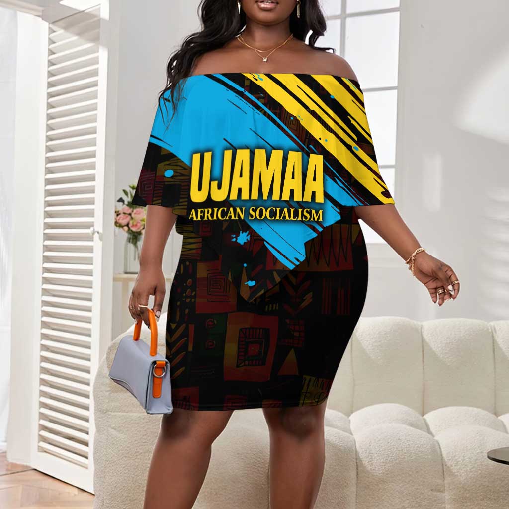 Julius Nyerere Off Shoulder Short Dress Ujamaa African Socialism Text and Bold Striped Pattern - African Pride