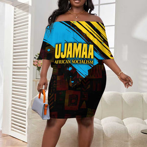 Julius Nyerere Off Shoulder Short Dress Ujamaa African Socialism Text and Bold Striped Pattern - African Pride