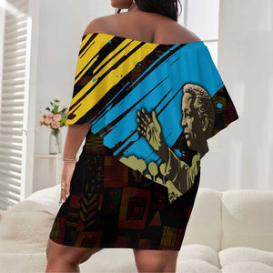 Julius Nyerere Off Shoulder Short Dress Ujamaa African Socialism Text and Bold Striped Pattern - African Pride