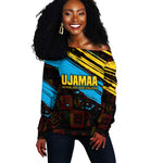 Julius Nyerere Off Shoulder Sweater Ujamaa African Socialism Text and Bold Striped Pattern - African Pride