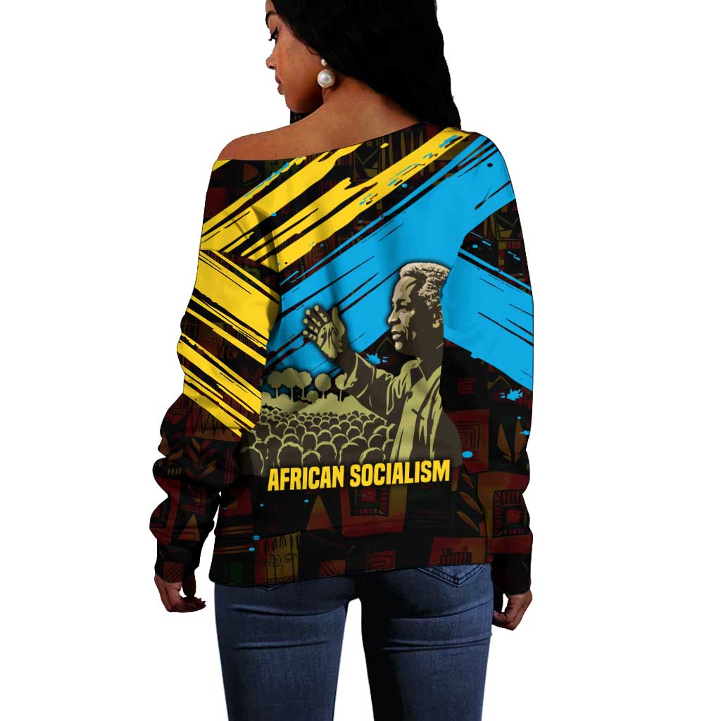 Julius Nyerere Off Shoulder Sweater Ujamaa African Socialism Text and Bold Striped Pattern - African Pride