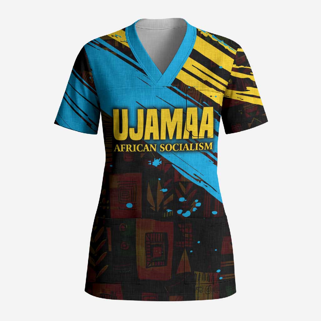 Julius Nyerere Scrub Top Ujamaa African Socialism Text and Bold Striped Pattern - African Pride
