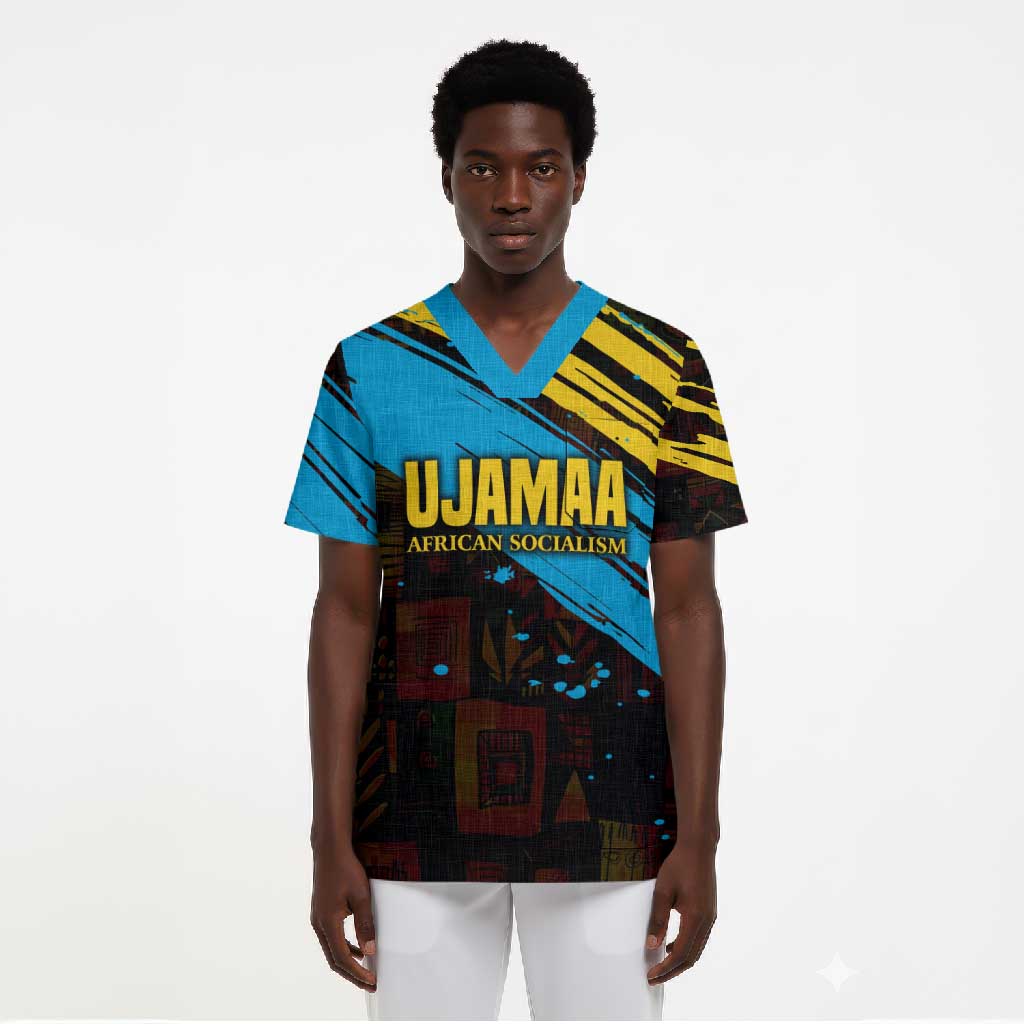 Julius Nyerere Scrub Top Ujamaa African Socialism Text and Bold Striped Pattern - African Pride