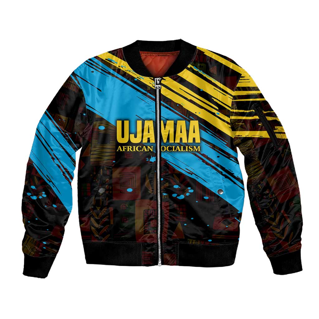 Julius Nyerere Sleeve Zip Bomber Jacket Ujamaa African Socialism Text and Bold Striped Pattern - African Pride