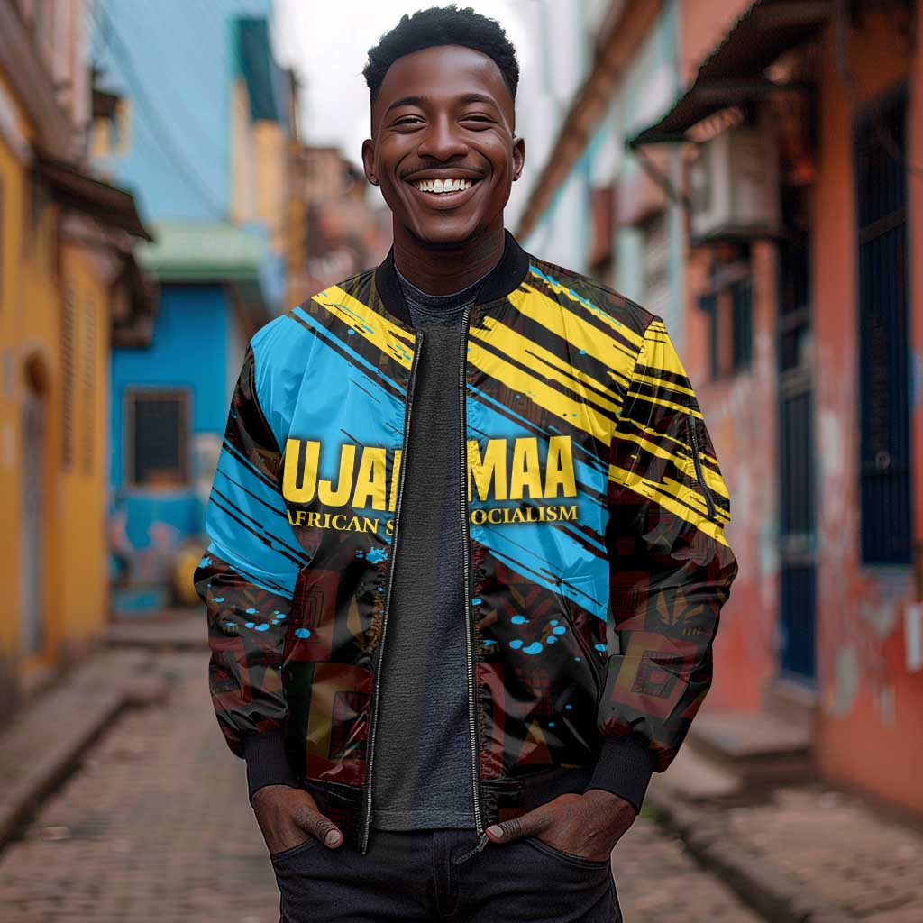Julius Nyerere Sleeve Zip Bomber Jacket Ujamaa African Socialism Text and Bold Striped Pattern - African Pride