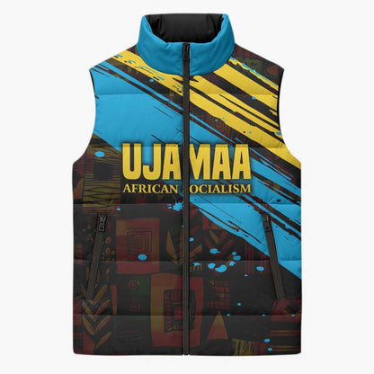 Julius Nyerere Sleeveless Puffer Jacket Ujamaa African Socialism Text and Bold Striped Pattern - African Pride