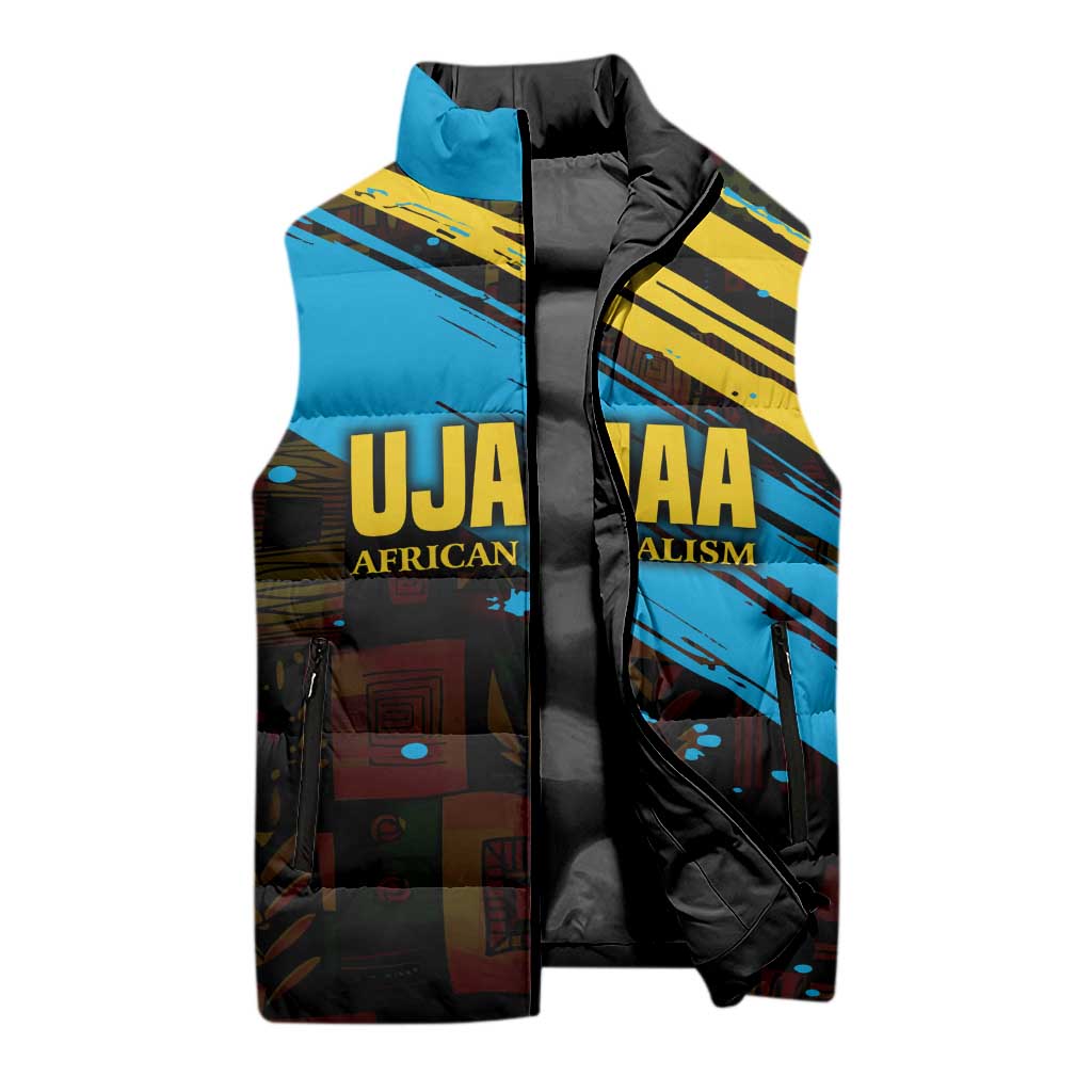 Julius Nyerere Sleeveless Puffer Jacket Ujamaa African Socialism Text and Bold Striped Pattern - African Pride