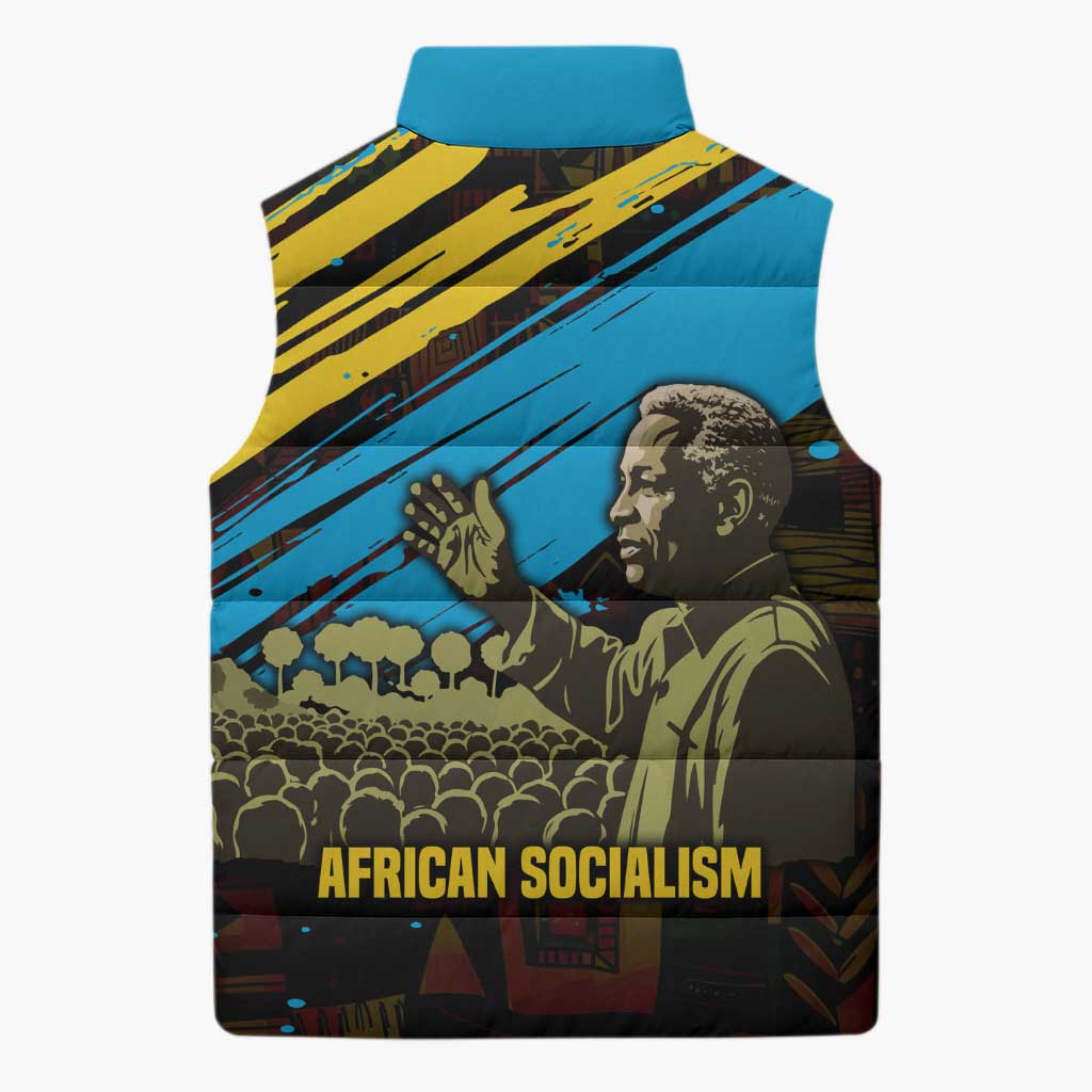 Julius Nyerere Sleeveless Puffer Jacket Ujamaa African Socialism Text and Bold Striped Pattern - African Pride