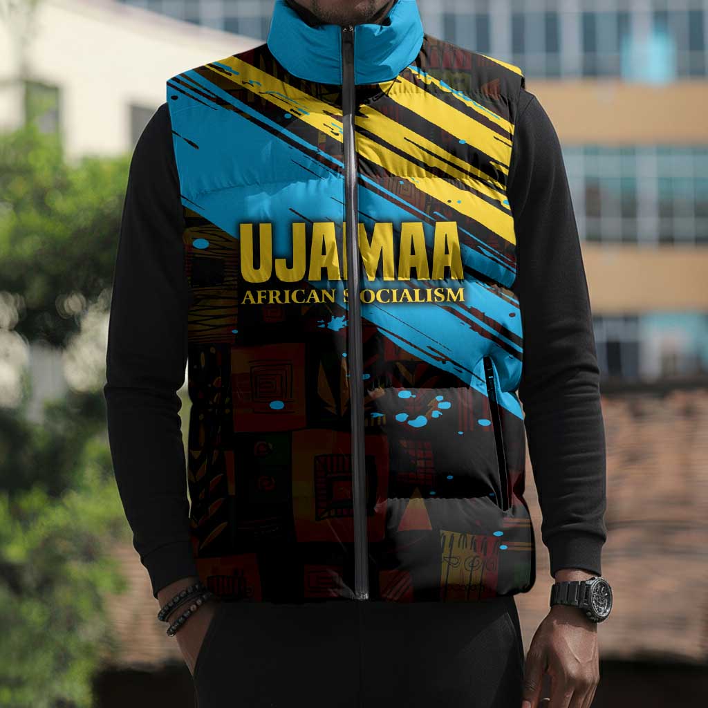Julius Nyerere Sleeveless Puffer Jacket Ujamaa African Socialism Text and Bold Striped Pattern - African Pride