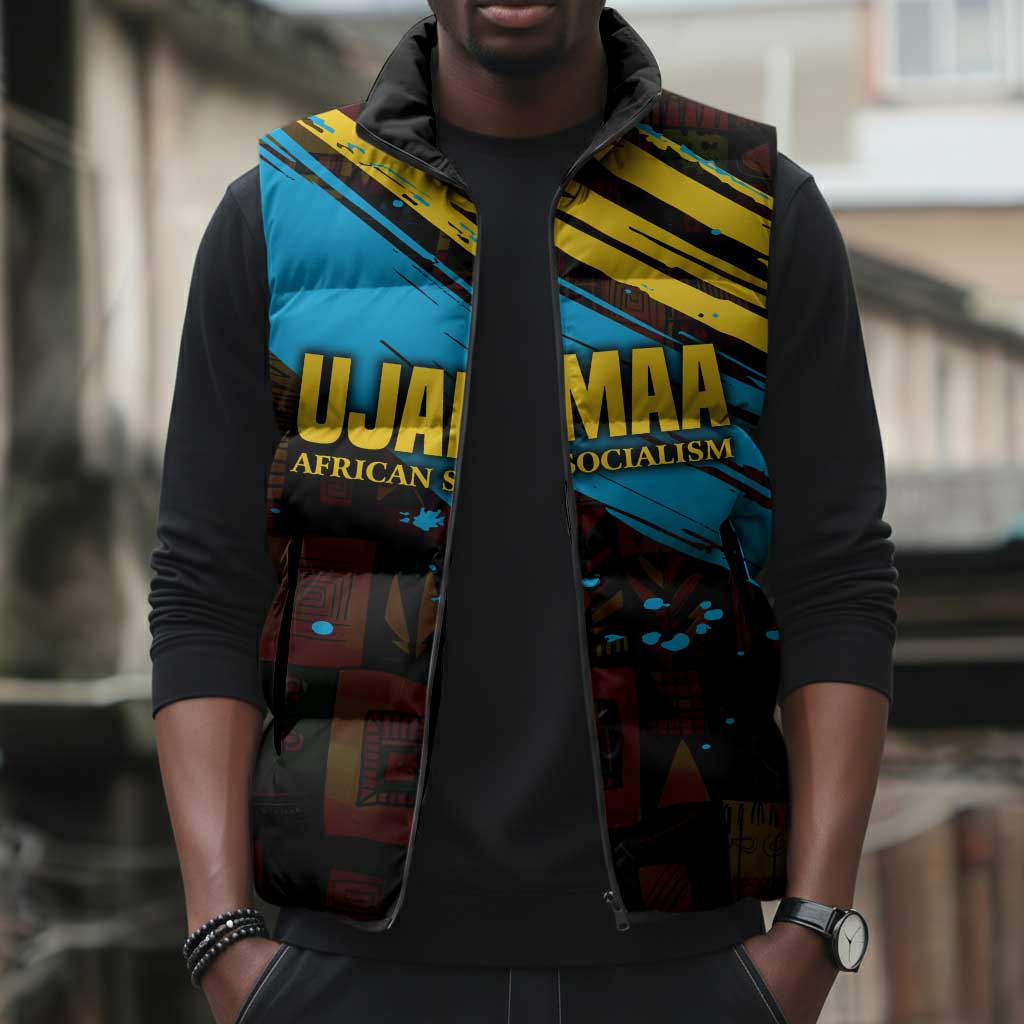 Julius Nyerere Sleeveless Puffer Jacket Ujamaa African Socialism Text and Bold Striped Pattern - African Pride