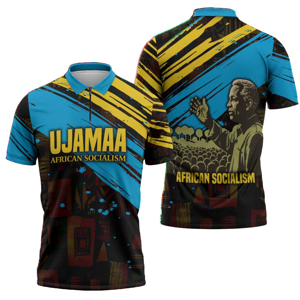 Julius Nyerere Zipper Polo Shirt Ujamaa African Socialism Text and Bold Striped Pattern - African Pride