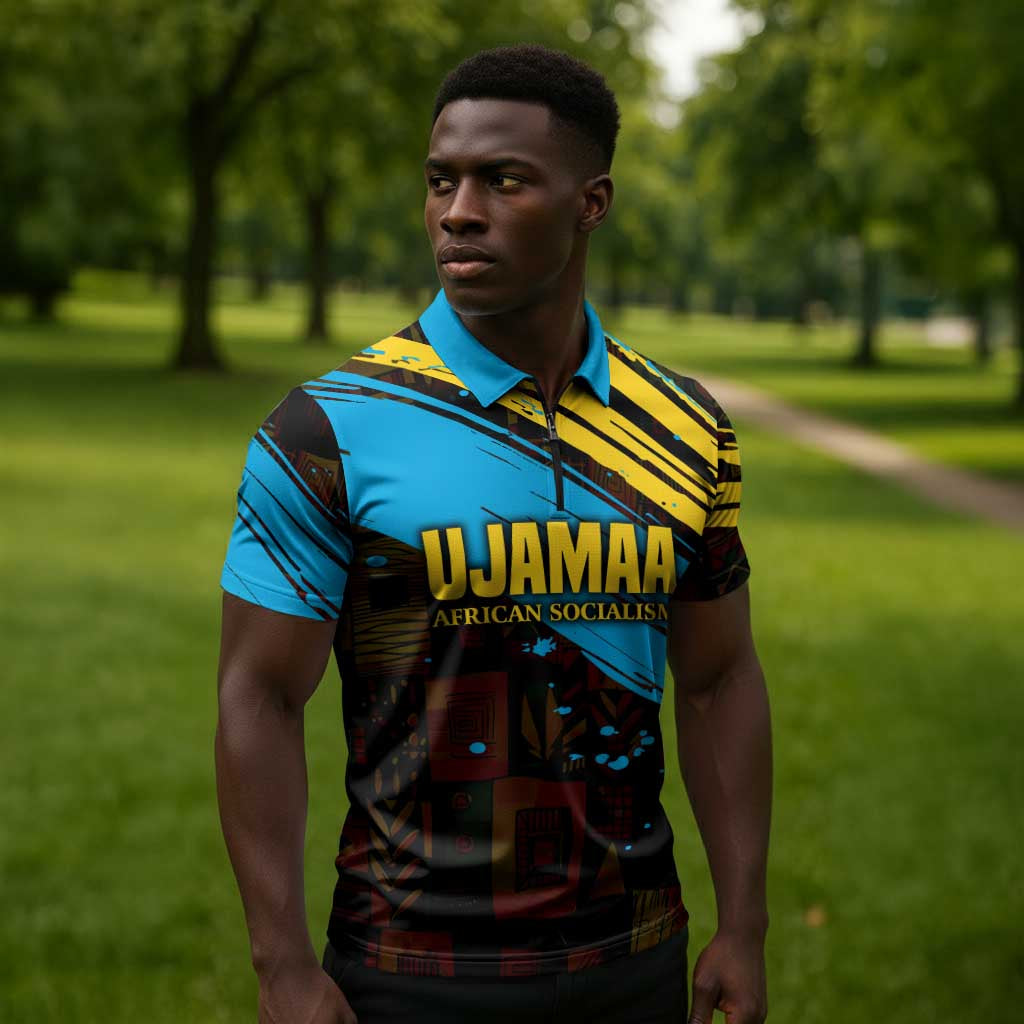 Julius Nyerere Zipper Polo Shirt Ujamaa African Socialism Text and Bold Striped Pattern - African Pride