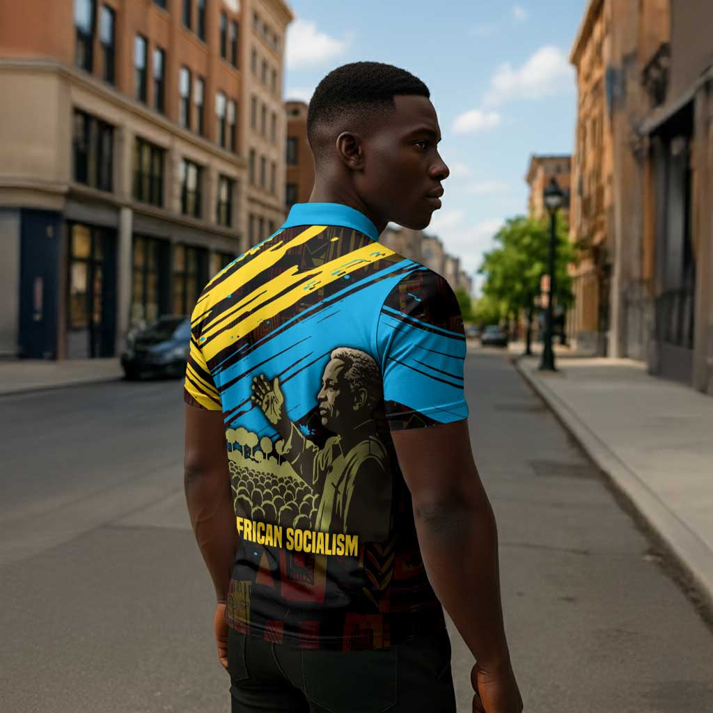 Julius Nyerere Zipper Polo Shirt Ujamaa African Socialism Text and Bold Striped Pattern - African Pride