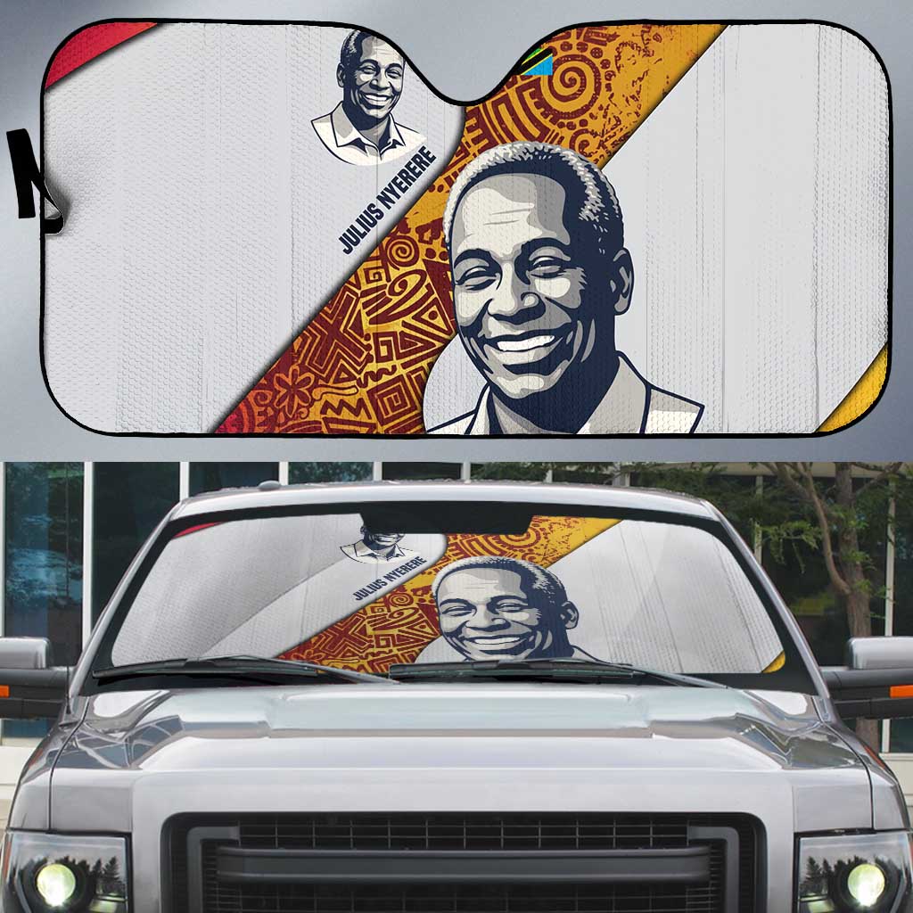 Julius Nyerere Auto Sun Shade with Smiling Portrait, Tribal Pattern and Simplicity is Power Quote - African Pride
