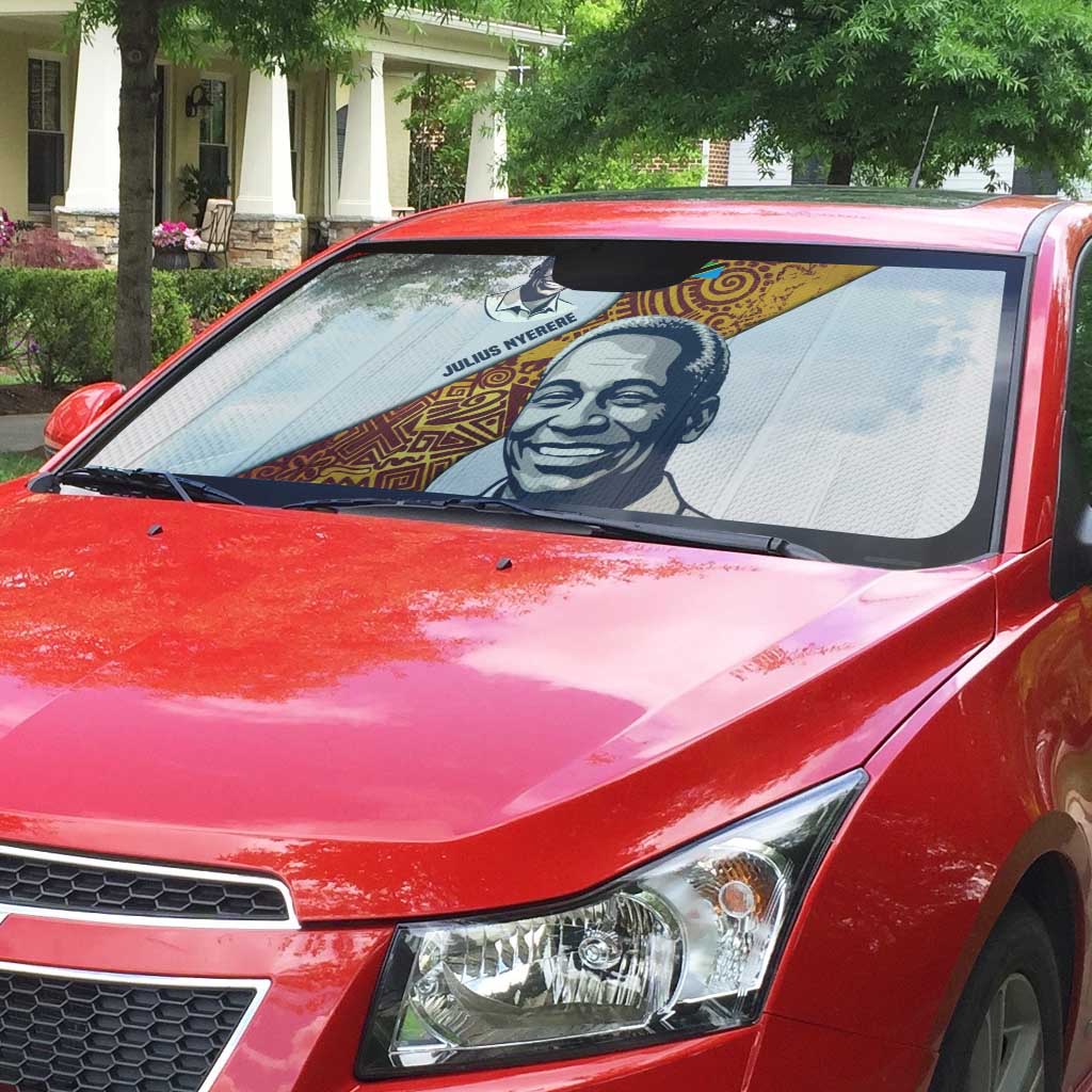 Julius Nyerere Auto Sun Shade with Smiling Portrait, Tribal Pattern and Simplicity is Power Quote - African Pride