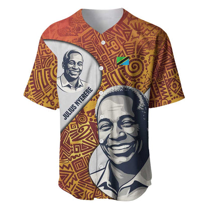 Julius Nyerere Baseball Jersey with Smiling Portrait, Tribal Pattern and Simplicity is Power Quote - African Pride