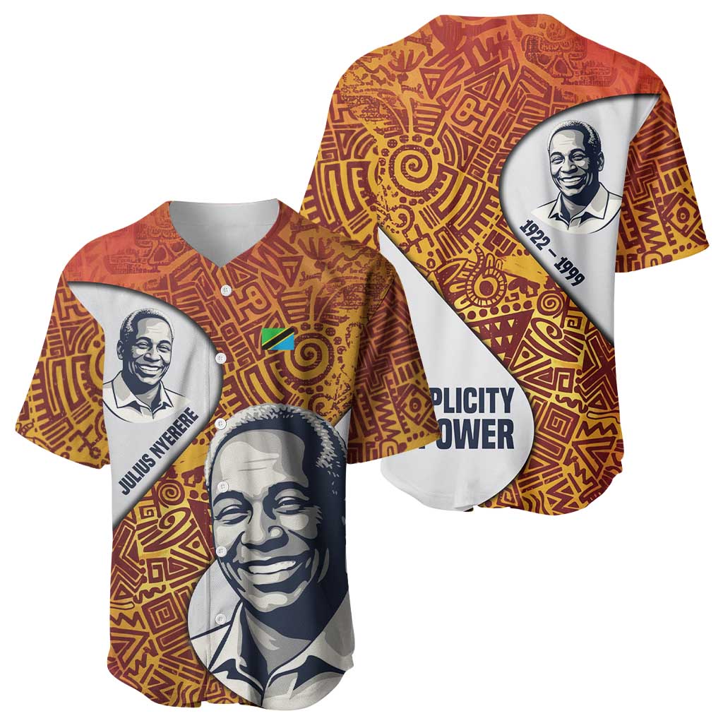 Julius Nyerere Baseball Jersey with Smiling Portrait, Tribal Pattern and Simplicity is Power Quote - African Pride