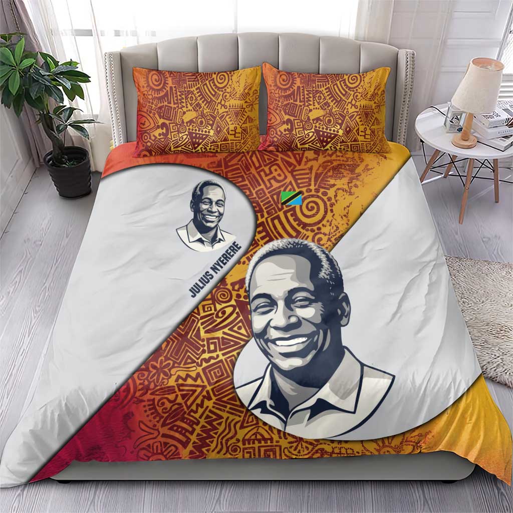Julius Nyerere Bedding Set with Smiling Portrait, Tribal Pattern and Simplicity is Power Quote - African Pride