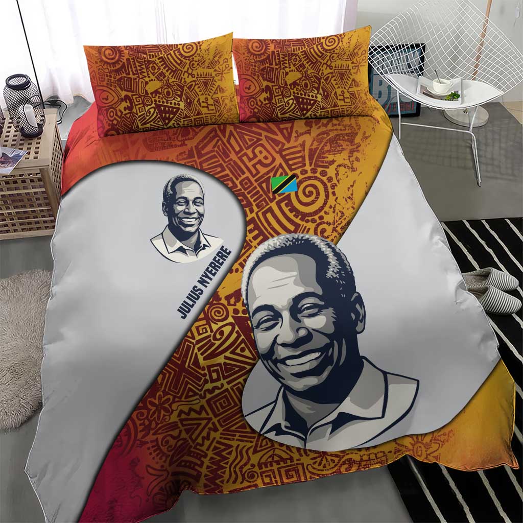 Julius Nyerere Bedding Set with Smiling Portrait, Tribal Pattern and Simplicity is Power Quote - African Pride