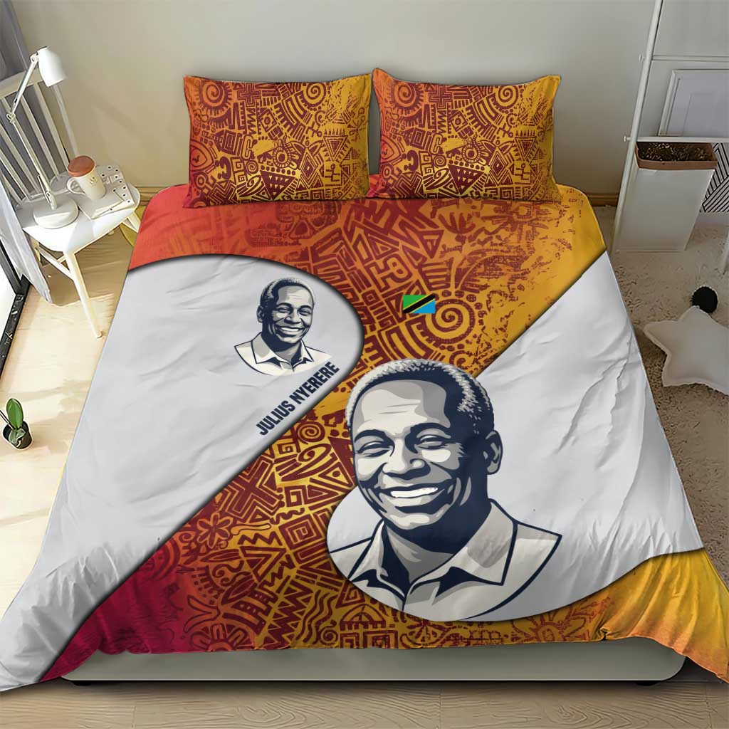 Julius Nyerere Bedding Set with Smiling Portrait, Tribal Pattern and Simplicity is Power Quote - African Pride